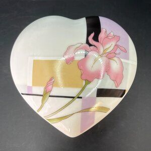 Vintage Heart Shaped Ceramic Iris Floral Trinket Box - Russ Berrie & Co.